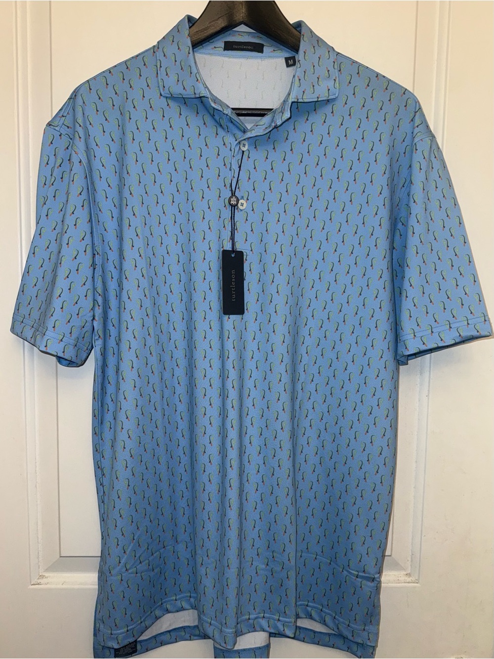 Turtleson NWT “Atticus” Performance Polo in Luxe Blue with Fly Fishing Print